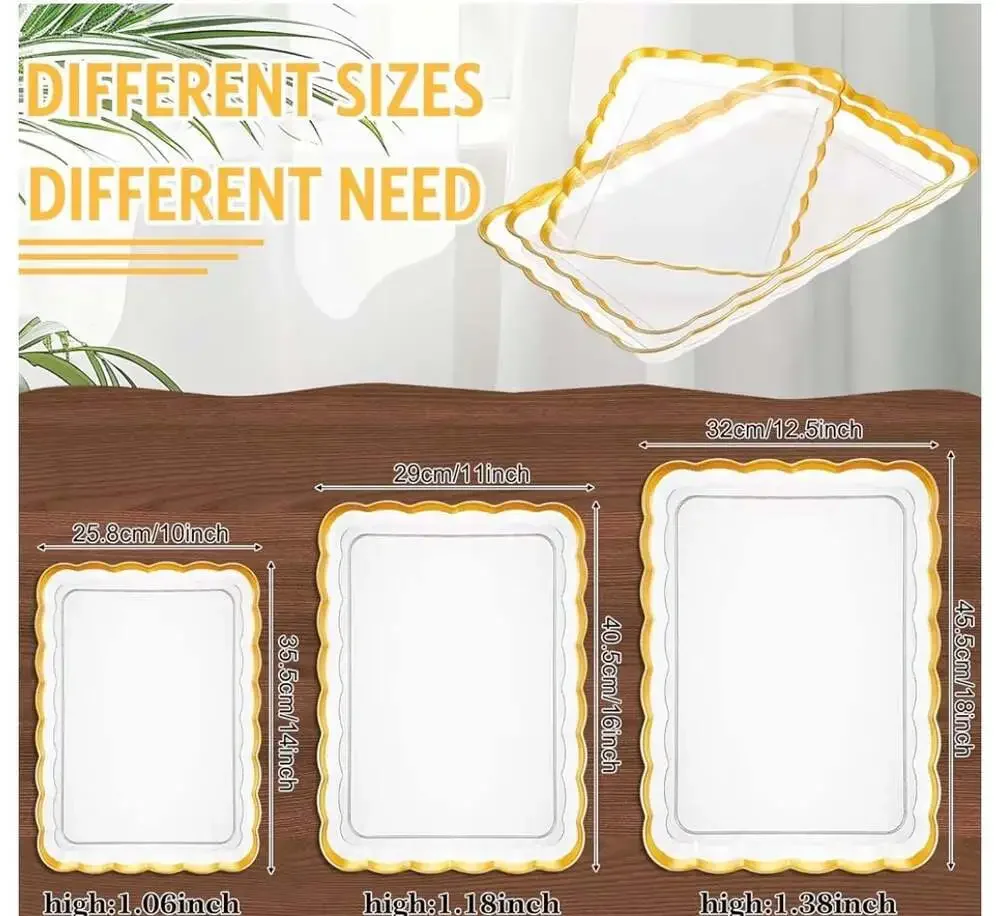 3-Piece Set Gold Wave Edge Rectangular Plastic Serving‎ Trays